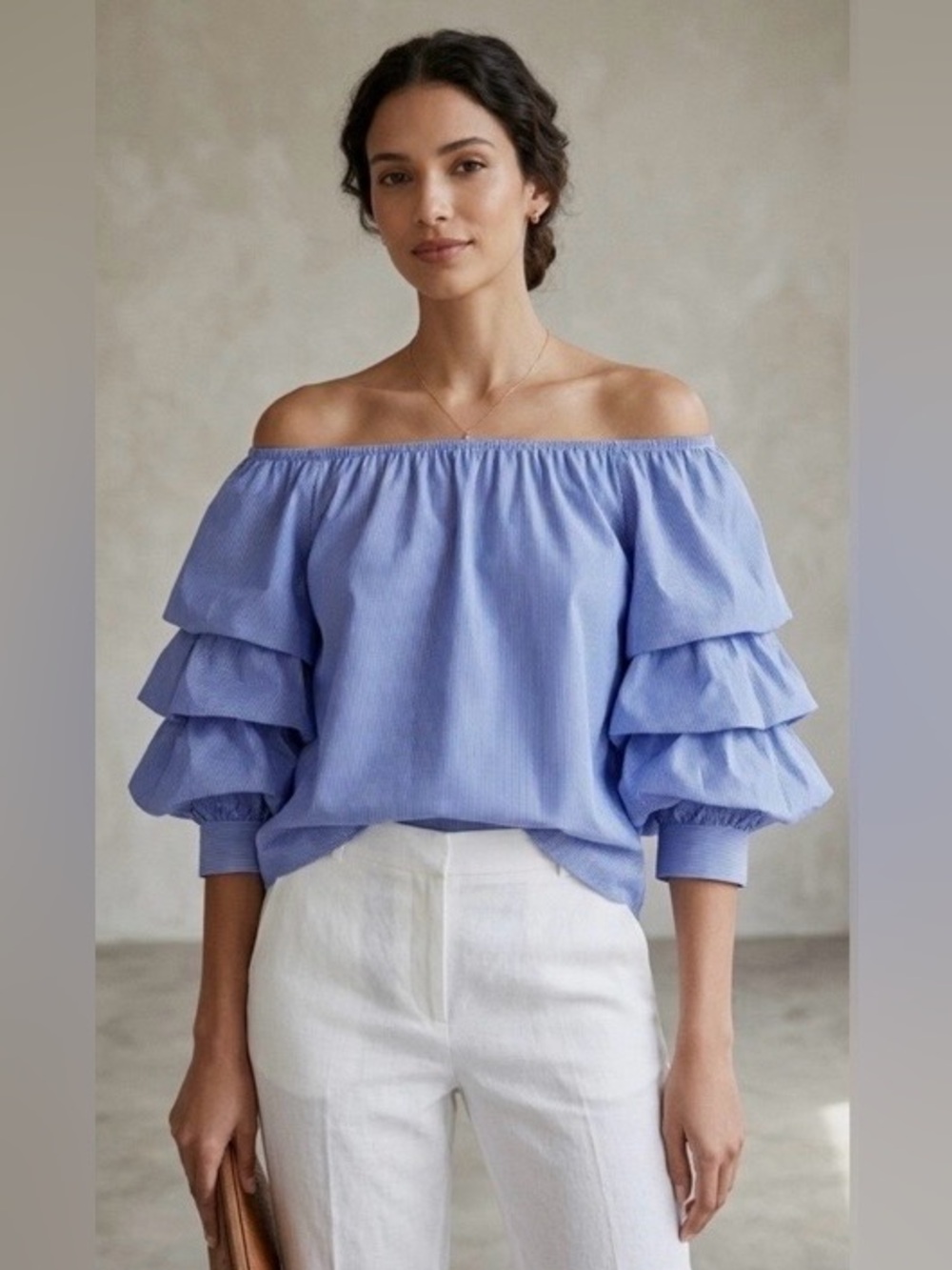 Zara Woman Off Shoulder Tiered Ruffle Sleeve Blue White Pinstripe Blouse Top XS